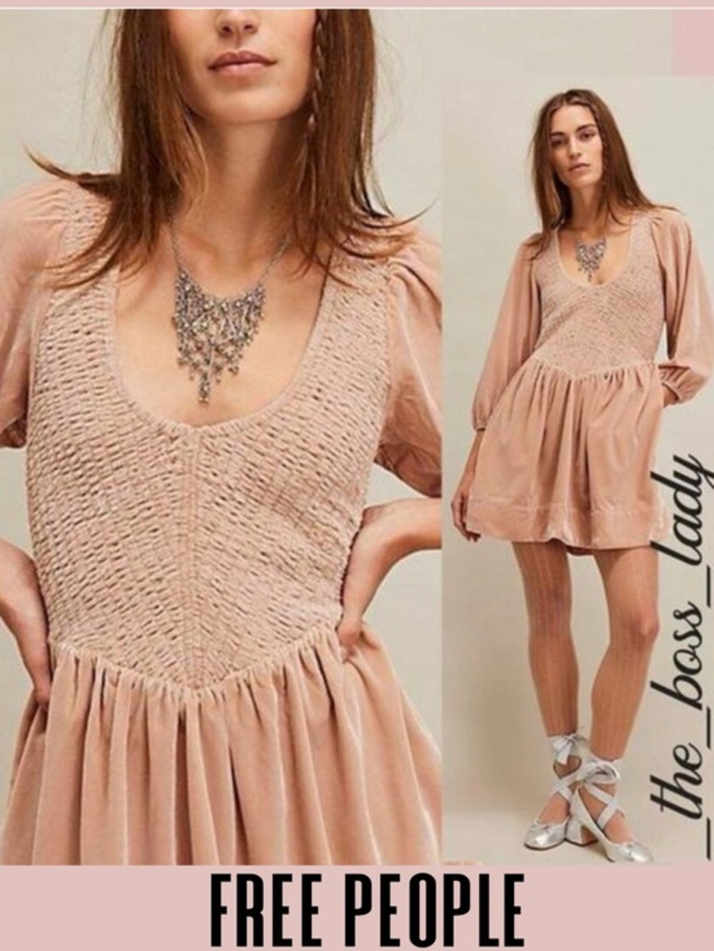 Free People mini dress velvet smocked pleated boho cocktail party Small